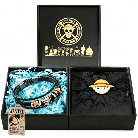 One Piece Monkey D. Luffy 3PCS Jewelry Set, Wanted Poster Necklace + Straw Hat Bracelet + Enamel Pin, Anime Collectible Accessory Bundle