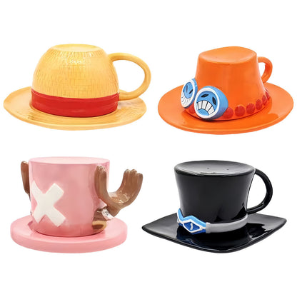 One Piece Monkey D. Luffy Portgas D. Ace Sabo Tony Tony Chopper 3D Hat‑Shaped Ceramic Mug With Saucer, Anime Relief Coffee Tea Cup Collectible Drinkware For Fans