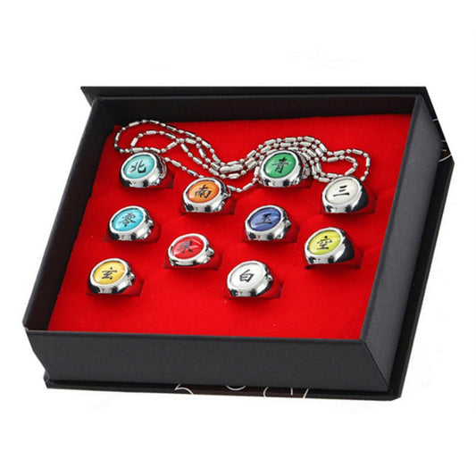 Naruto Itachi Pain Akatsuki Ring Set, 10Pcs Anime Akatsuki Symbol Rings with Necklace Gift Box