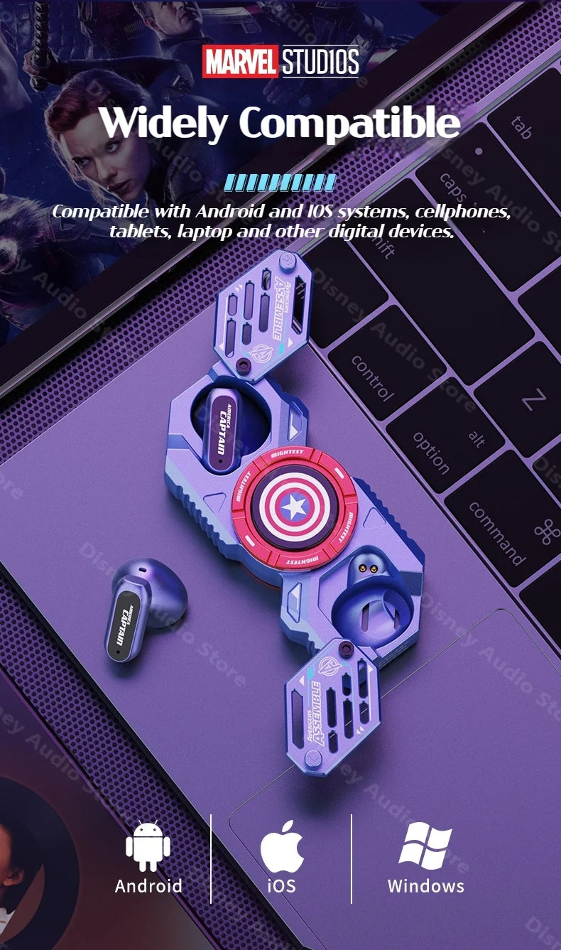Marvel Iron Man Captain America Fidget Spinner TWS Bluetooth 5.4 Earbuds, Zinc Alloy Mecha Magnetic Flip Wireless Earphones