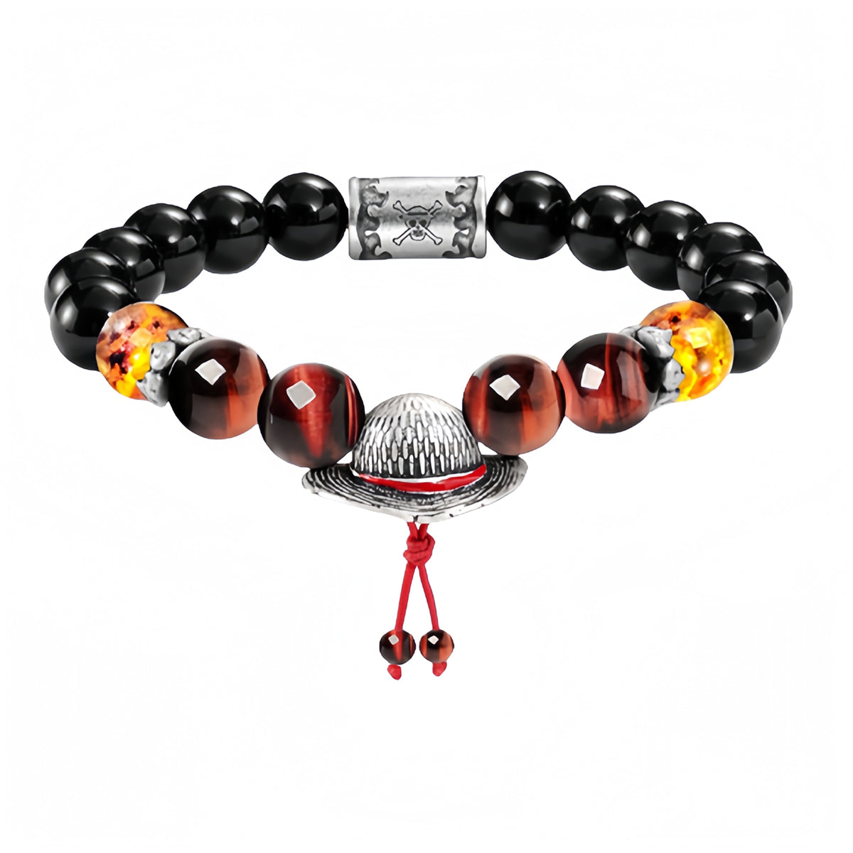 One Piece Luffy Ace Sabo Beaded Bracelet, Anime Character Natural Stone Bead Bracelet with Hat Charm, Adjustable Cosplay Jewelry Gift for Anime Fans Men Women