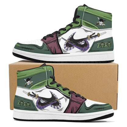One Piece Roronoa Zoro Three Swords Style Anime Print High Top Sneakers, Straw Hat Pirates Skull Logo Casual Street Skate Shoes