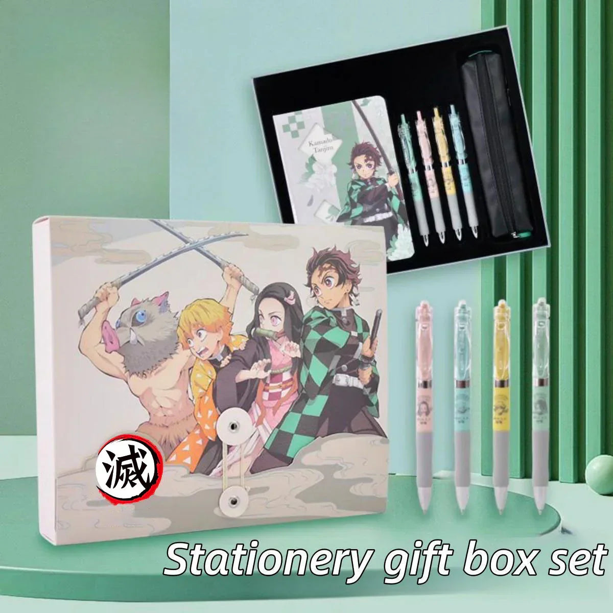 Demon Slayer Tanjiro Nezuko Stationery Gift Set, Anime Hardcover Notebook Gel Pen Pencil Case School Supplies Box