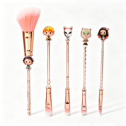 Demon Slayer Tanjiro Nezuko 5Pcs Anime Makeup Brush Set, Rose Gold Cosmetic Brushes with Storage Pouch