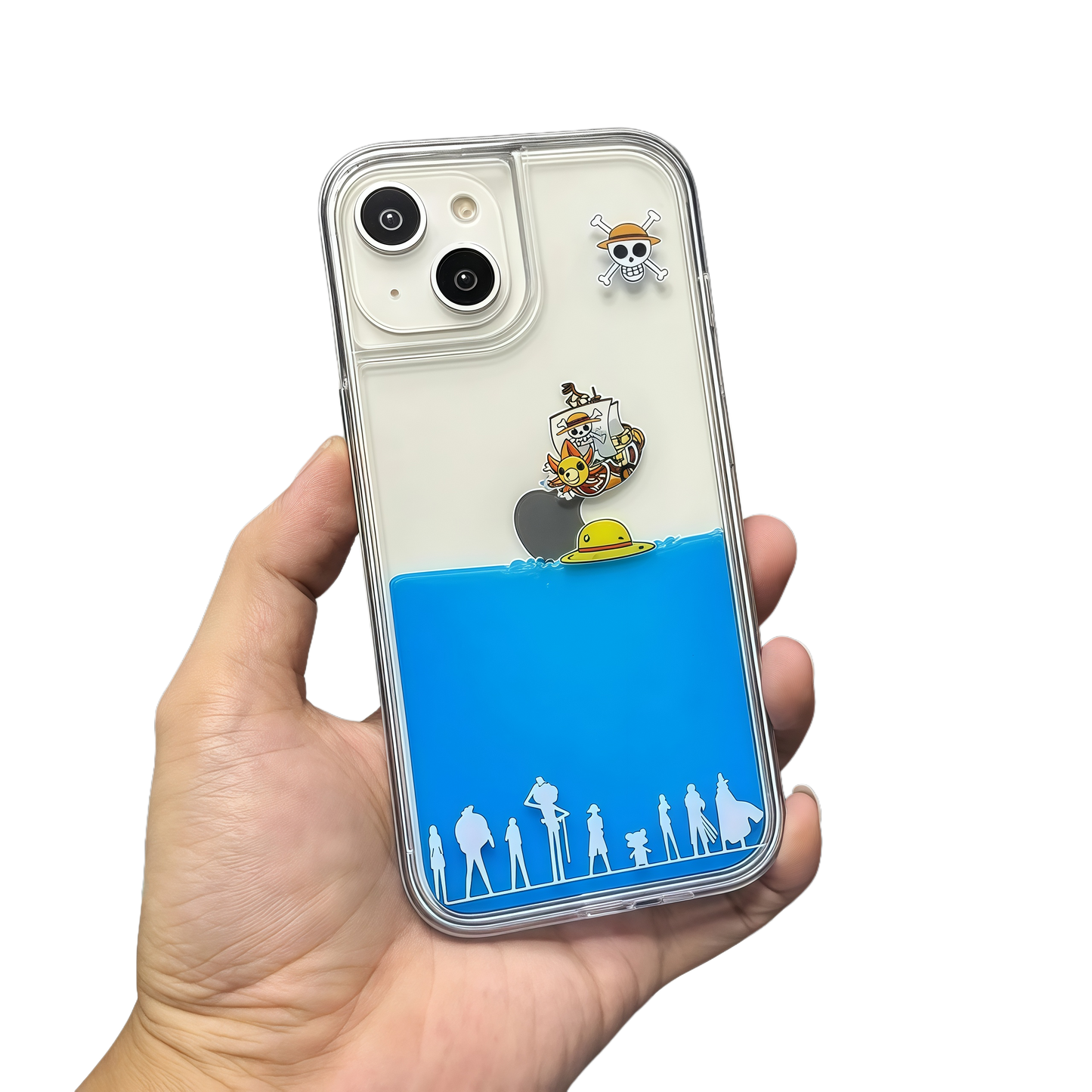 One Piece Thousand Sunny Liquid Quicksand Phone Case, Floating Straw Hat Pirates Design (iPhone 11-17 Pro Max)