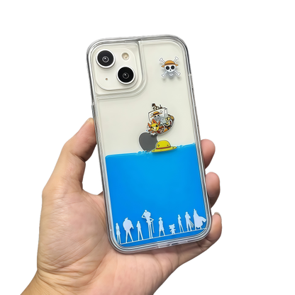 One Piece Thousand Sunny Liquid Quicksand Phone Case, Floating Straw Hat Pirates Design (iPhone 11-17 Pro Max)