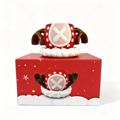 One Piece Tony Tony Chopper Christmas Reindeer 3D Ceramic Mug, Anime Coffee Cup with Saucer