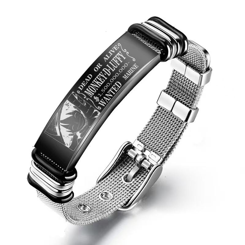 One Piece Monkey D Luffy Roronoa Zoro Engraved Wanted Poster Stainless Steel Mesh Bracelet, Adjustable Anime Wrist Band Jewelry Gift