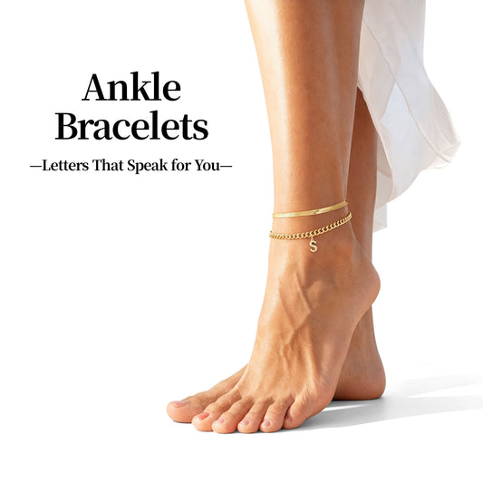 Gold Plated Layered Anklet Set for Women, Herringbone Snake Chain & Cuban Link Anklet With CZ Initial Letter Pendant, Hypoallergenic Adjustable Summer Beach Water Friendly Foot Jewelry Birthday Holiday Gift