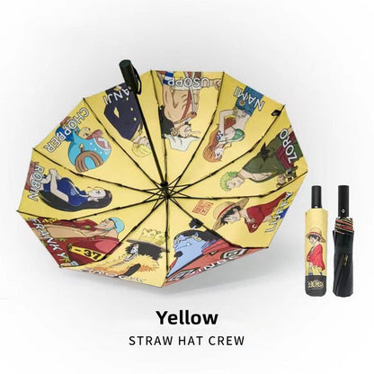 One Piece Monkey D Luffy Roronoa Zoro Automatic Folding Umbrella, Straw Hat Crew Anime Print Black Glue UV Protection Windproof Rain Sun Umbrella