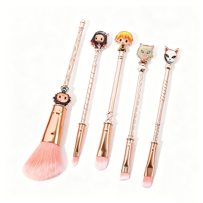 Demon Slayer Tanjiro Nezuko 5Pcs Anime Makeup Brush Set, Rose Gold Cosmetic Brushes with Storage Pouch
