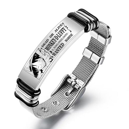 One Piece Monkey D Luffy Roronoa Zoro Engraved Wanted Poster Stainless Steel Mesh Bracelet, Adjustable Anime Wrist Band Jewelry Gift