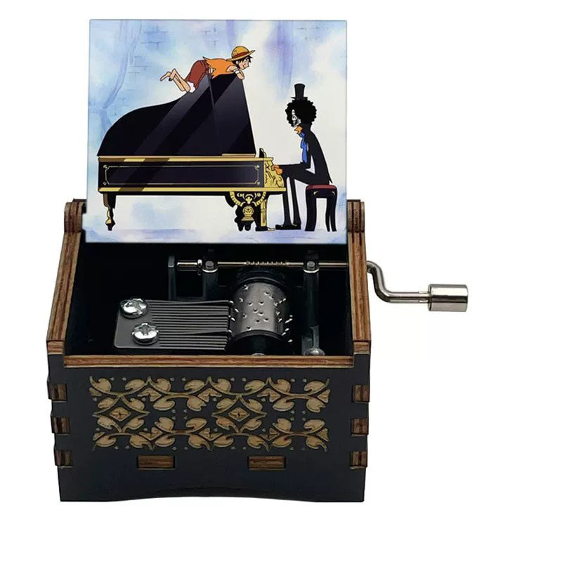 One Piece Luffy Brook Hand Crank Wooden Music Box, Plays Bink's Sake Anime Engraved Musical Gift Box