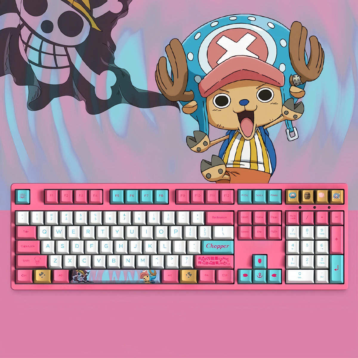 One Piece Chopper Luffy Mechanical Keyboard, 108‑Key PBT Anime Pink Gaming Keyboard with Custom Keycaps