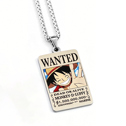 One Piece Monkey D. Luffy 3PCS Jewelry Set, Wanted Poster Necklace + Straw Hat Bracelet + Enamel Pin, Anime Collectible Accessory Bundle