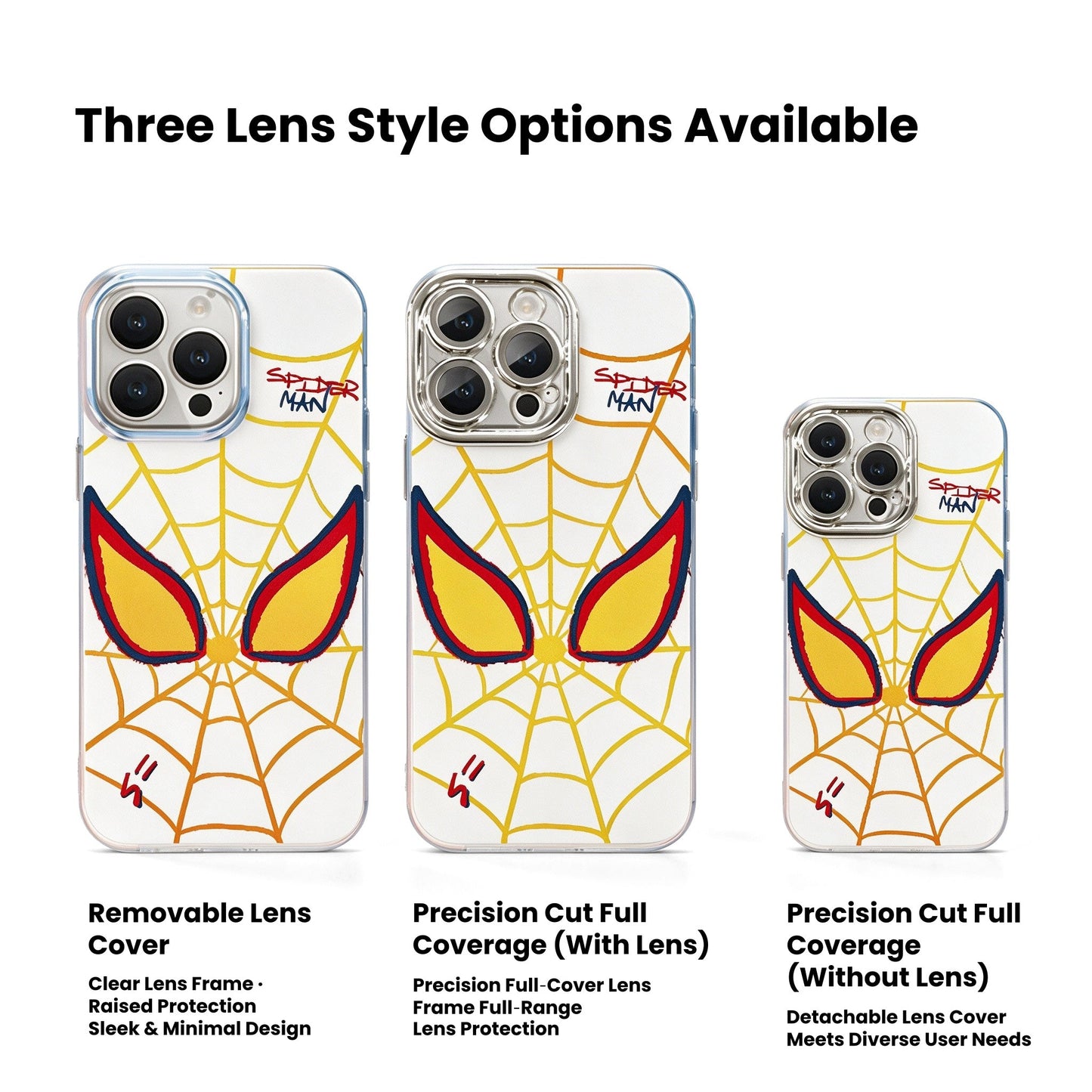 Marvel Spider‑Man Cartoon Web Graphic iPhone Phone Case, 3‑In‑1 Removable Electroplated Lens Frame Protective Phone Cover, Airbag Anti‑Drop Shockproof Phone Shell, 3 Lens Style Options Available