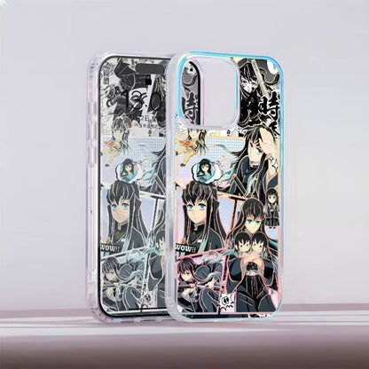 Demon Slayer Tokito Muichiro Anime Phone Case, Aurora Gradient Comic Collage Shockproof Airbag Protective Case For All iPhone Models Removable Lens Frame Clear Cell Phone Cover