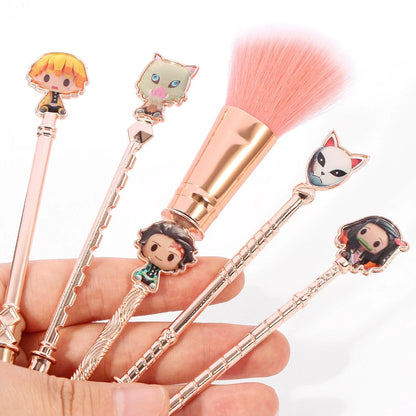 Demon Slayer Tanjiro Nezuko 5Pcs Anime Makeup Brush Set, Rose Gold Cosmetic Brushes with Storage Pouch