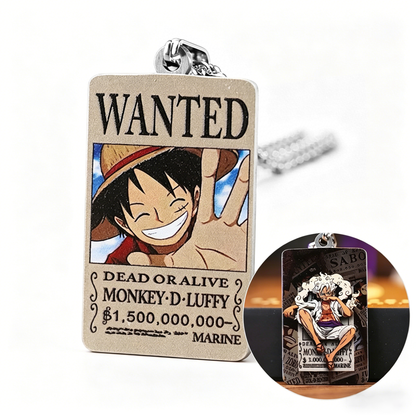 One Piece Monkey D. Luffy 3PCS Jewelry Set, Wanted Poster Necklace + Straw Hat Bracelet + Enamel Pin, Anime Collectible Accessory Bundle