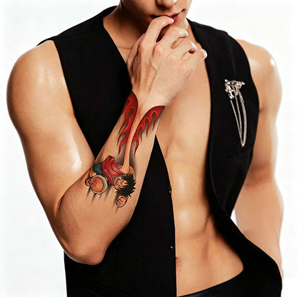 One Piece Monkey D. Luffy Temporary Tattoo Stickers, Creative 3D Visual Arm Fake Tattoo, Waterproof Long‑Lasting Anime Body Art Sticker for Cosplay Party Fans
