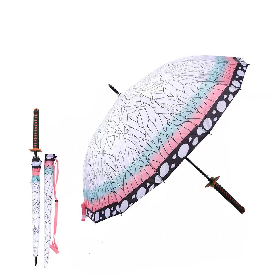 Demon Slayer Tanjiro Zenitsu Shinobu Katana Sword Handle Umbrella, Anime Pattern Windproof Straight Rain Sun Umbrella