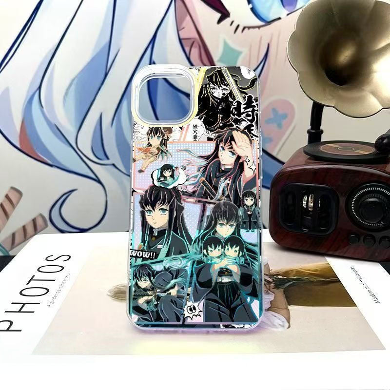 Demon Slayer Tokito Muichiro Anime Phone Case, Aurora Gradient Comic Collage Shockproof Airbag Protective Case For All iPhone Models Removable Lens Frame Clear Cell Phone Cover