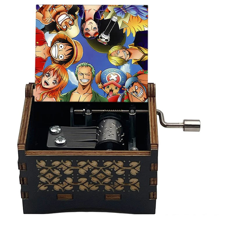 One Piece Luffy Brook Hand Crank Wooden Music Box, Plays Bink's Sake Anime Engraved Musical Gift Box