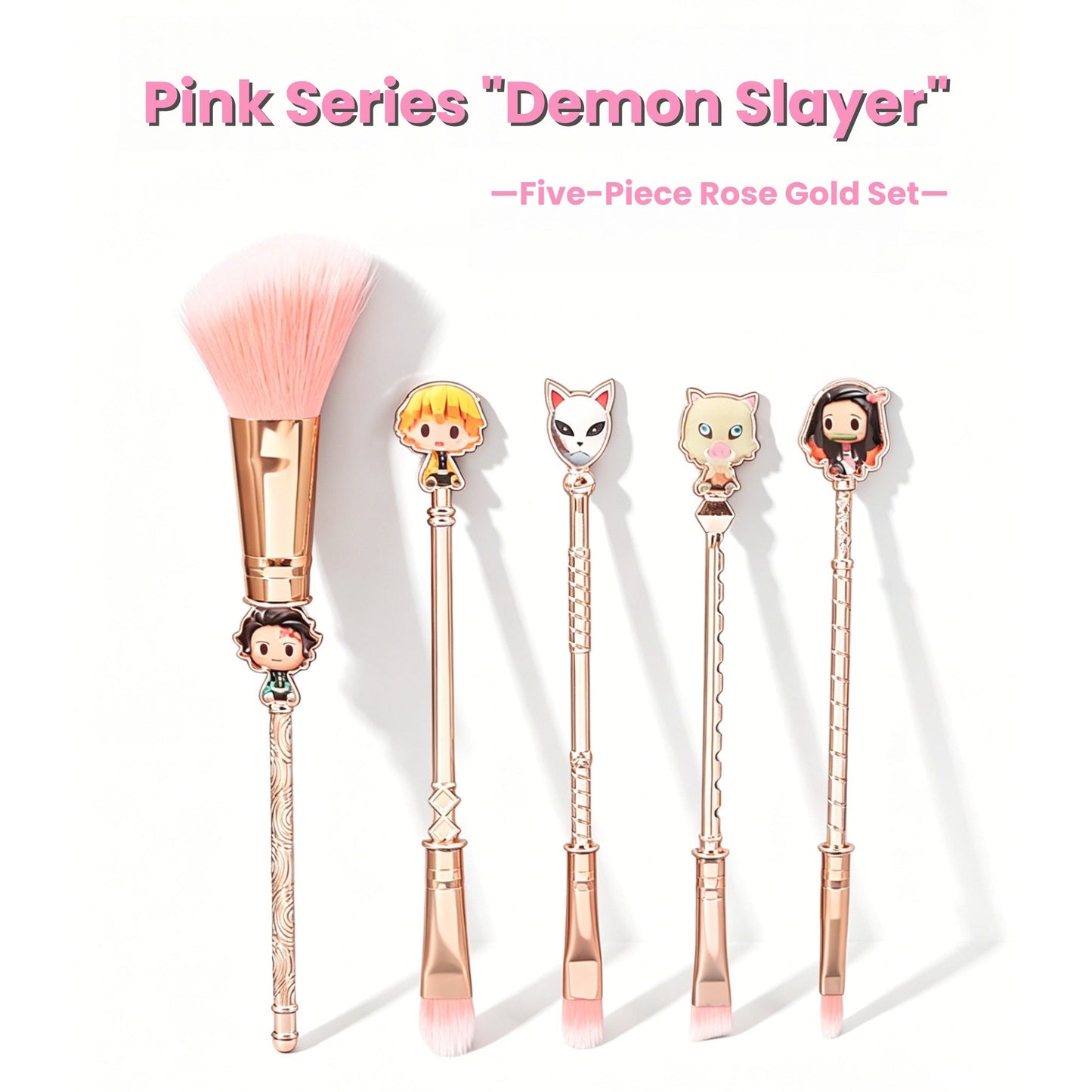 Demon Slayer Tanjiro Nezuko 5Pcs Anime Makeup Brush Set, Rose Gold Cosmetic Brushes with Storage Pouch