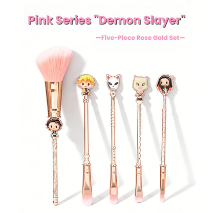 Demon Slayer Tanjiro Nezuko 5Pcs Anime Makeup Brush Set, Rose Gold Cosmetic Brushes with Storage Pouch