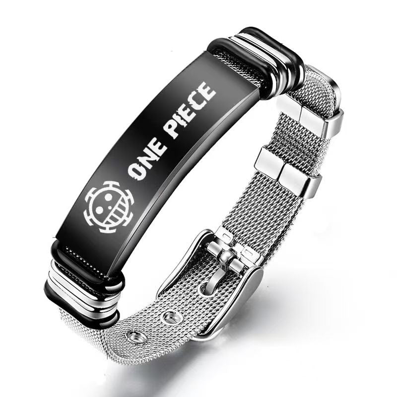 One Piece Monkey D Luffy Roronoa Zoro Engraved Wanted Poster Stainless Steel Mesh Bracelet, Adjustable Anime Wrist Band Jewelry Gift