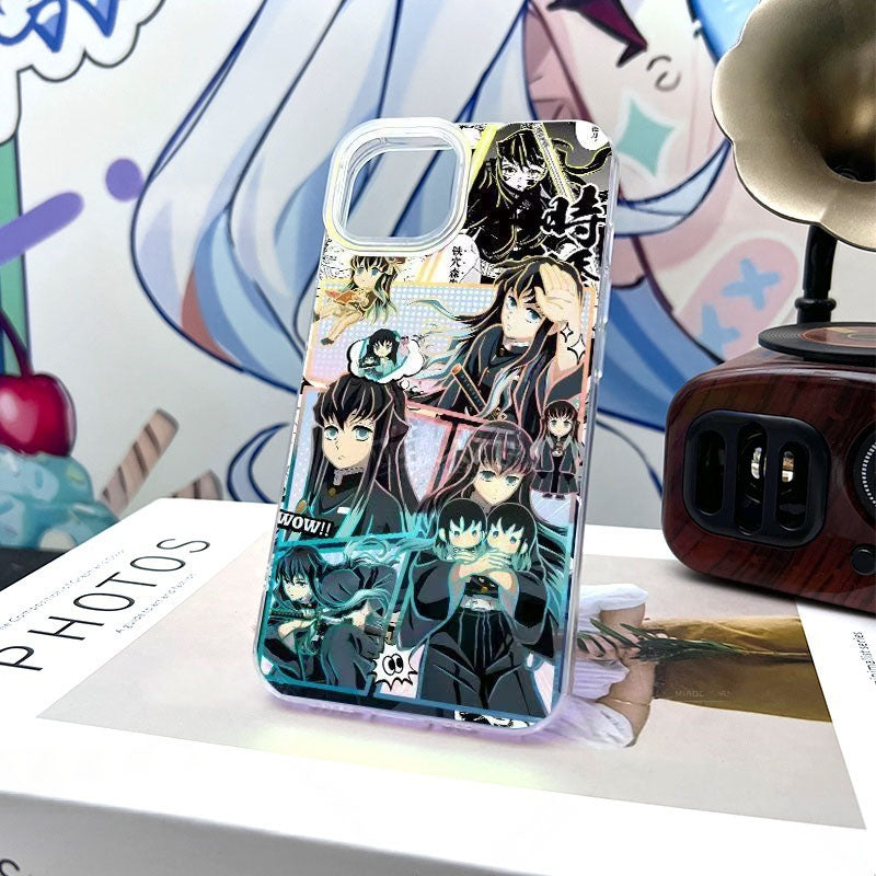 Demon Slayer Tokito Muichiro Anime Phone Case, Aurora Gradient Comic Collage Shockproof Airbag Protective Case For All iPhone Models Removable Lens Frame Clear Cell Phone Cover