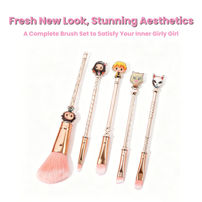 Demon Slayer Tanjiro Nezuko 5Pcs Anime Makeup Brush Set, Rose Gold Cosmetic Brushes with Storage Pouch