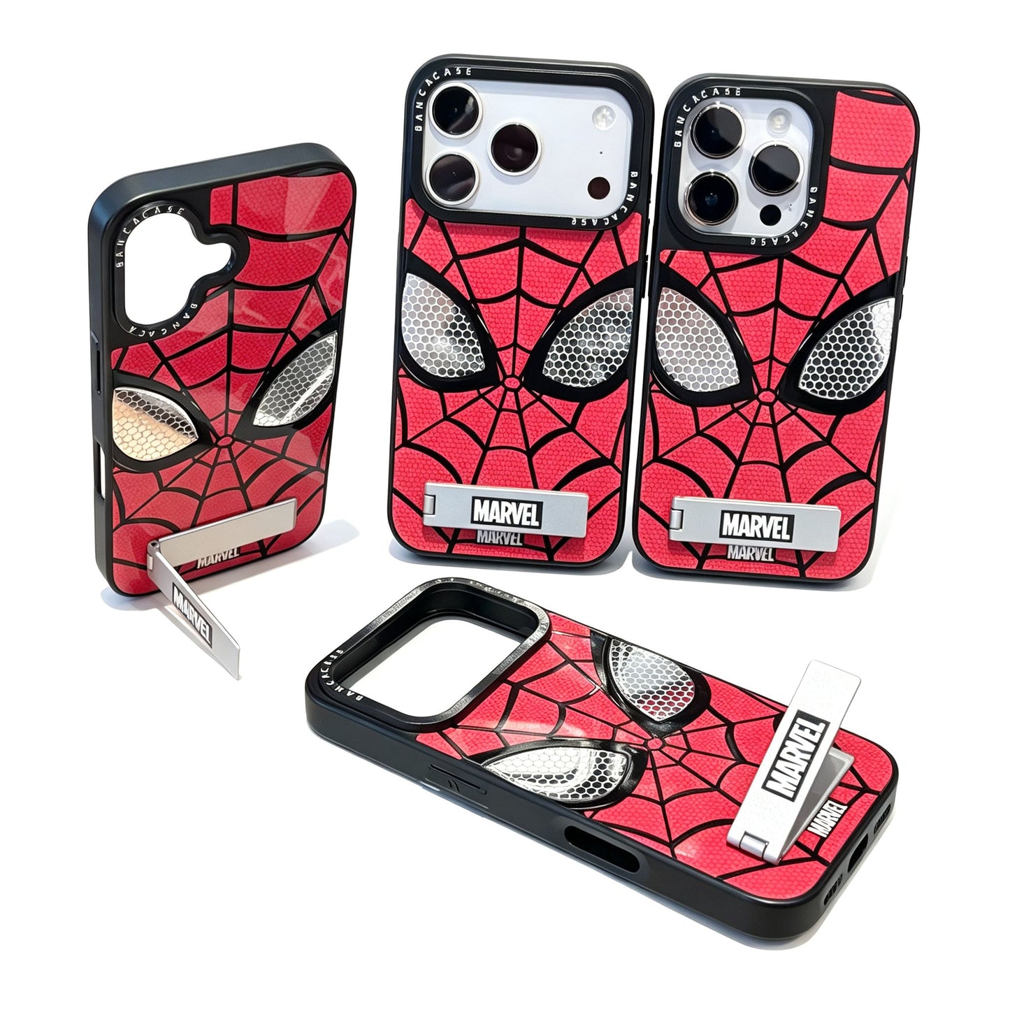 Marvel Spider-Man Web Face Print Phone Case With Built-in Metal Kickstand Slim Shockproof Soft Bumper Precise Cutout Anti-Scratch Protective Cover For iPhone Series