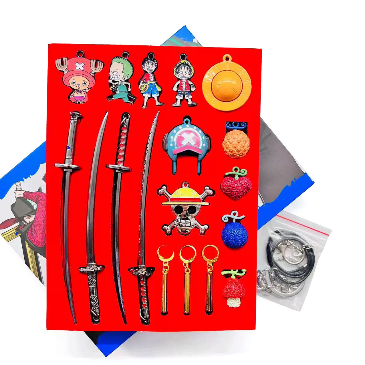 One Piece Luffy Zoro Anime Jewelry Gift Set, Wanted Poster Keychain Sword Devil Fruit Metal Pendant Collection Box