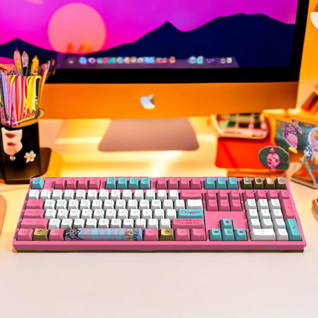 One Piece Chopper Luffy Mechanical Keyboard, 108‑Key PBT Anime Pink Gaming Keyboard with Custom Keycaps