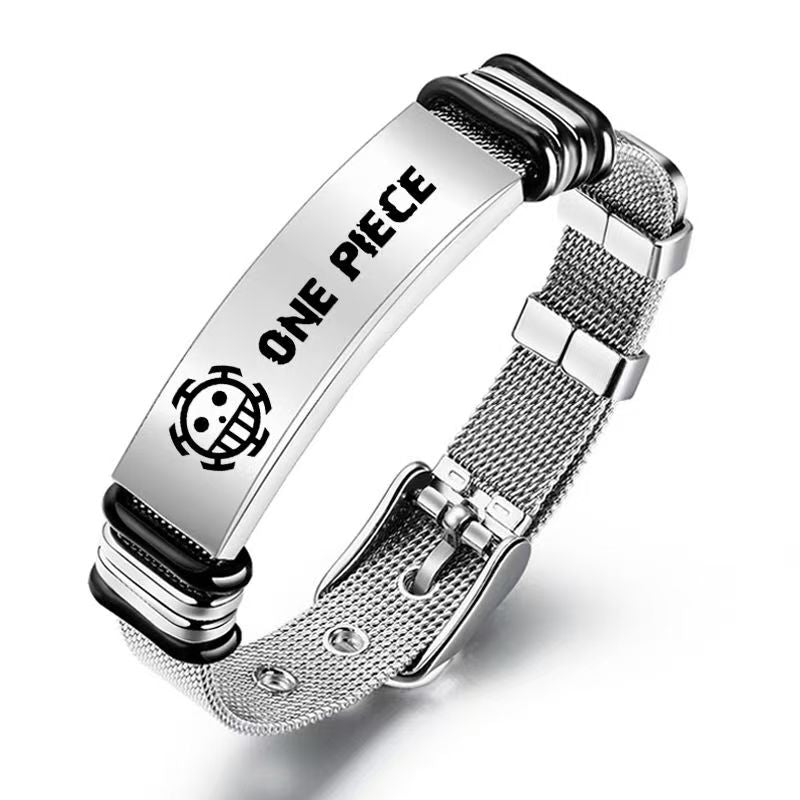 One Piece Monkey D Luffy Roronoa Zoro Engraved Wanted Poster Stainless Steel Mesh Bracelet, Adjustable Anime Wrist Band Jewelry Gift