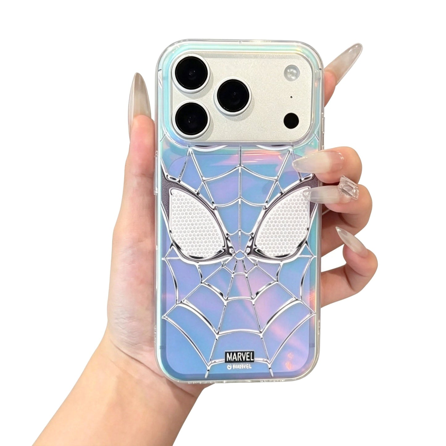 Marvel Spider-Man Holographic Iridescent Spider Web Phone Case, TPU+PC Shockproof Slim Cover Color Shift Blue Purple Gradient Design Precise Camera Cutout Protective Shell