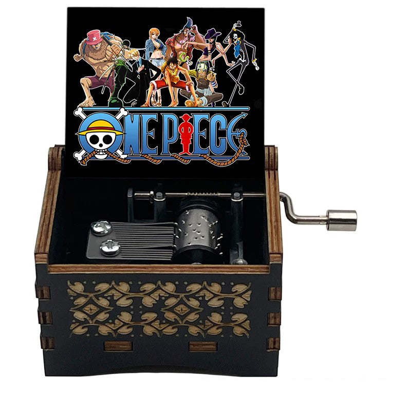 One Piece Luffy Brook Hand Crank Wooden Music Box, Plays Bink's Sake Anime Engraved Musical Gift Box