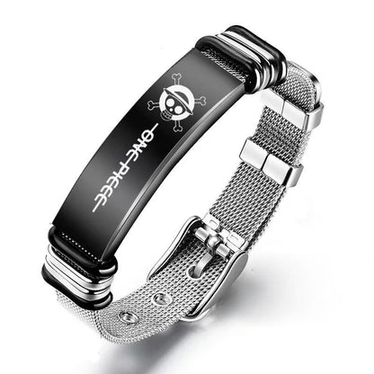 One Piece Monkey D Luffy Roronoa Zoro Engraved Wanted Poster Stainless Steel Mesh Bracelet, Adjustable Anime Wrist Band Jewelry Gift