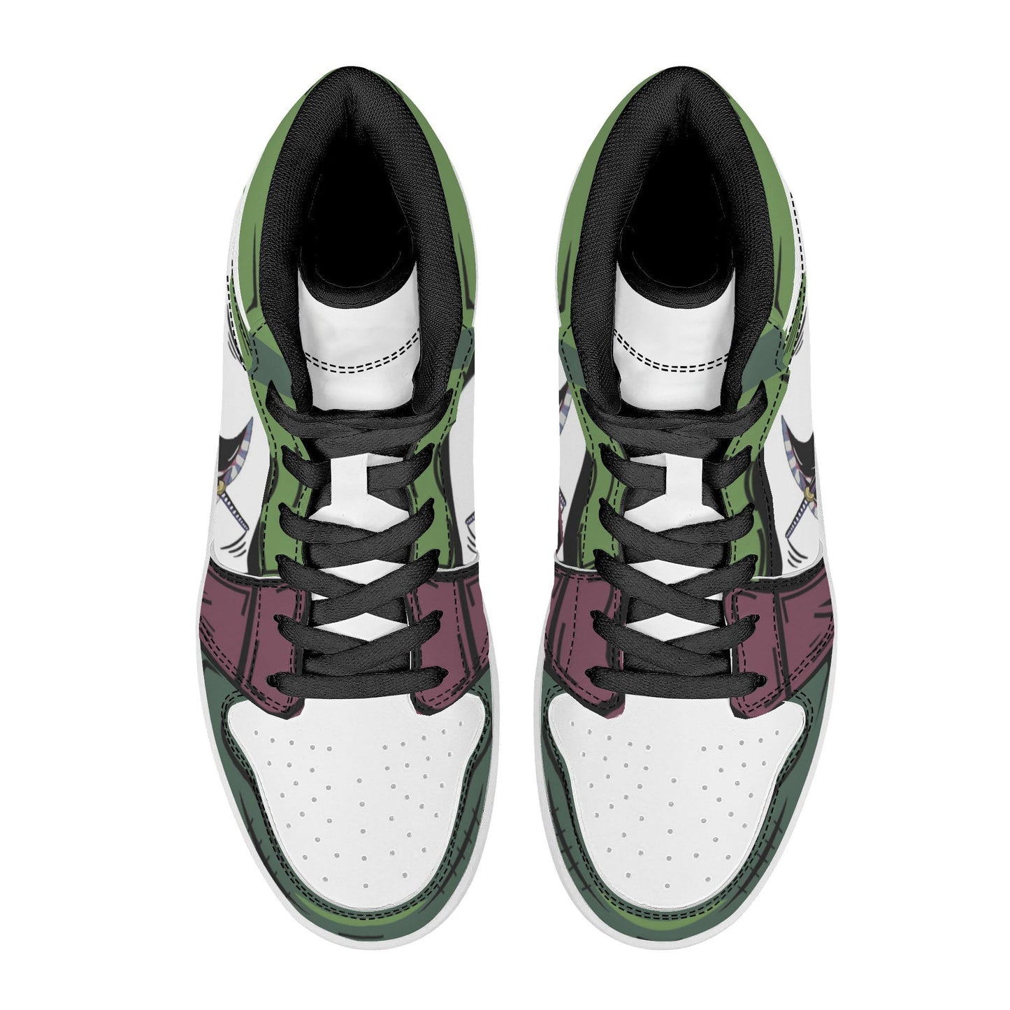 One Piece Roronoa Zoro Three Swords Style Anime Print High Top Sneakers, Straw Hat Pirates Skull Logo Casual Street Skate Shoes