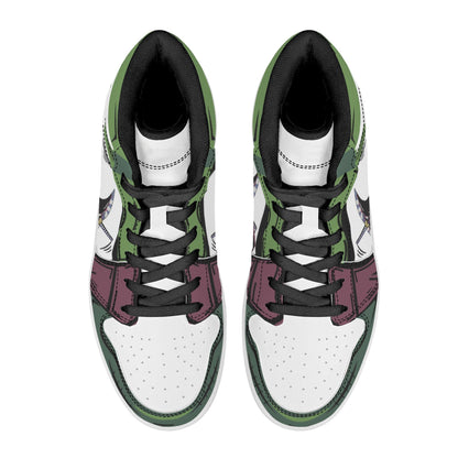 One Piece Roronoa Zoro Three Swords Style Anime Print High Top Sneakers, Straw Hat Pirates Skull Logo Casual Street Skate Shoes