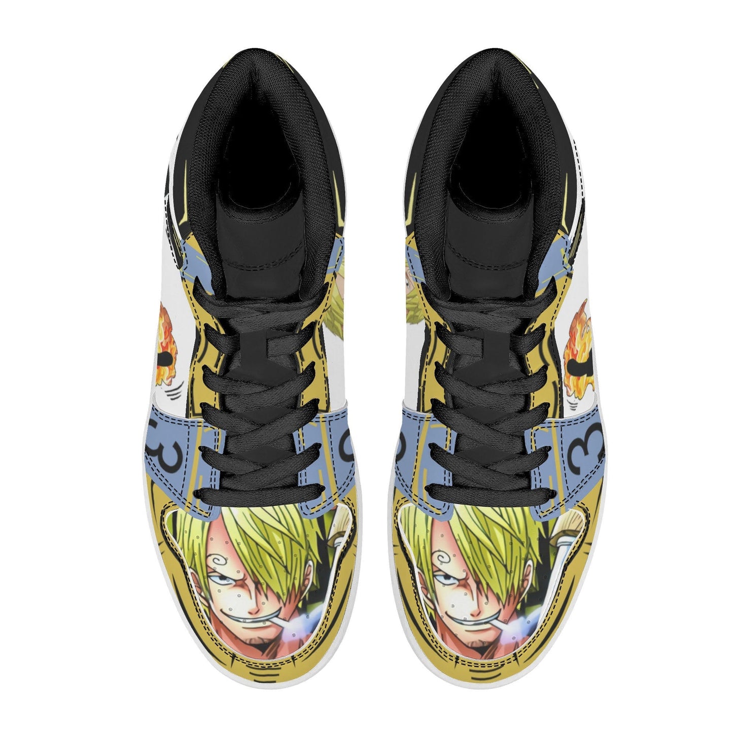 One Piece Sanji Fire Kick Graphic High Top Sports Sneakers, Yellow Blue Color Block Anime Character Streetwear Leather Shoes