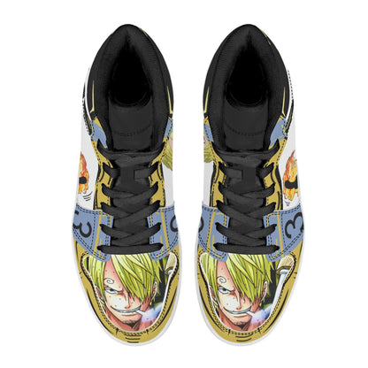 One Piece Sanji Fire Kick Graphic High Top Sports Sneakers, Yellow Blue Color Block Anime Character Streetwear Leather Shoes