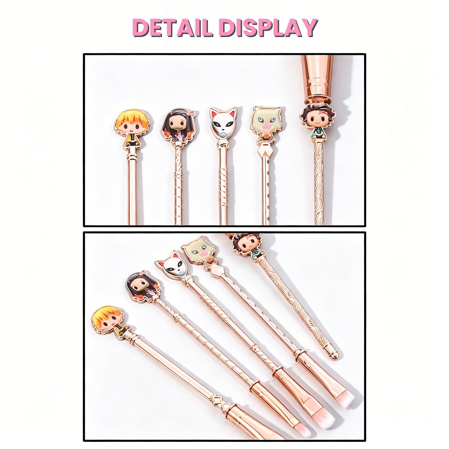 Demon Slayer Tanjiro Nezuko 5Pcs Anime Makeup Brush Set, Rose Gold Cosmetic Brushes with Storage Pouch