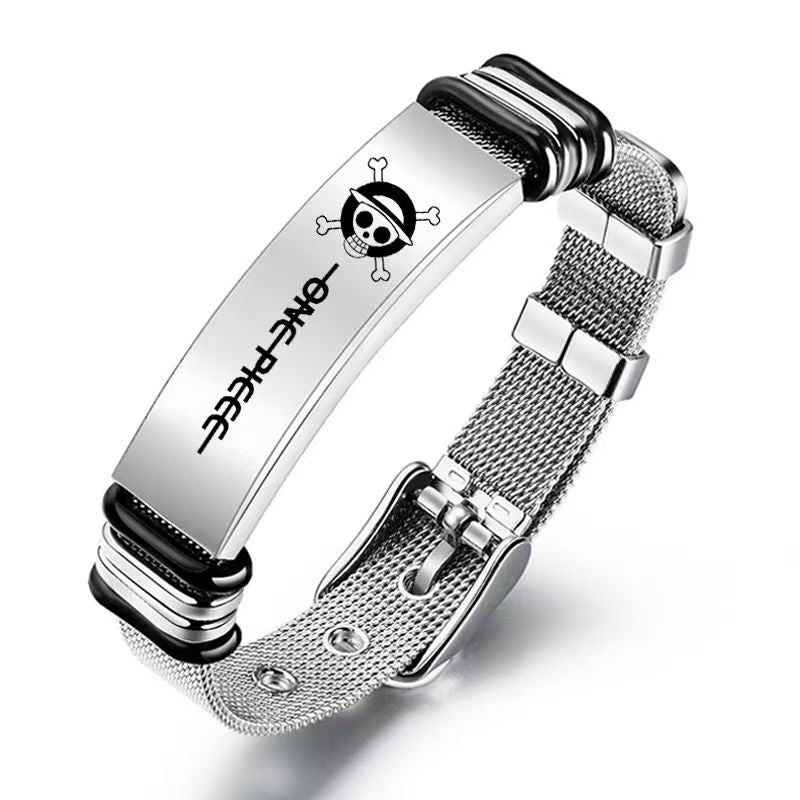 One Piece Monkey D Luffy Roronoa Zoro Engraved Wanted Poster Stainless Steel Mesh Bracelet, Adjustable Anime Wrist Band Jewelry Gift