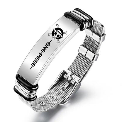 One Piece Monkey D Luffy Roronoa Zoro Engraved Wanted Poster Stainless Steel Mesh Bracelet, Adjustable Anime Wrist Band Jewelry Gift