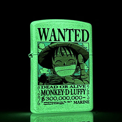 One Piece Monkey D. Luffy Wanted Poster Lighter, Glow‑in‑the‑Dark Windproof Kerosene Lighter, Anime Collectible Reusable Metal Lighter for Fans Collection
