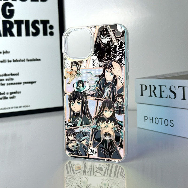 Demon Slayer Tokito Muichiro Anime Phone Case, Aurora Gradient Comic Collage Shockproof Airbag Protective Case For All iPhone Models Removable Lens Frame Clear Cell Phone Cover