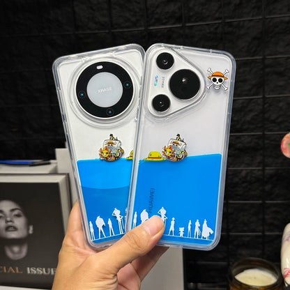 One Piece Thousand Sunny Liquid Quicksand Phone Case, Floating Straw Hat Pirates Design (iPhone 11-17 Pro Max)