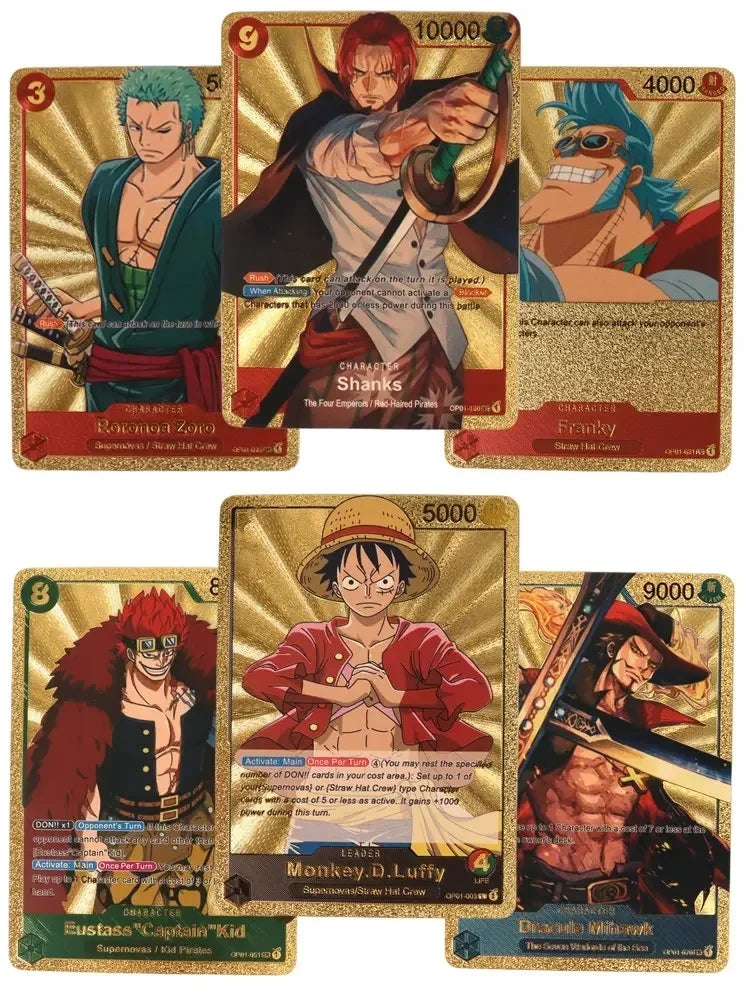 One Piece Monkey D Luffy Roronoa Zoro Gold Foil Collectible Trading Cards Box Set, Anime Character Waterproof Gold Plated TCG Game Cards